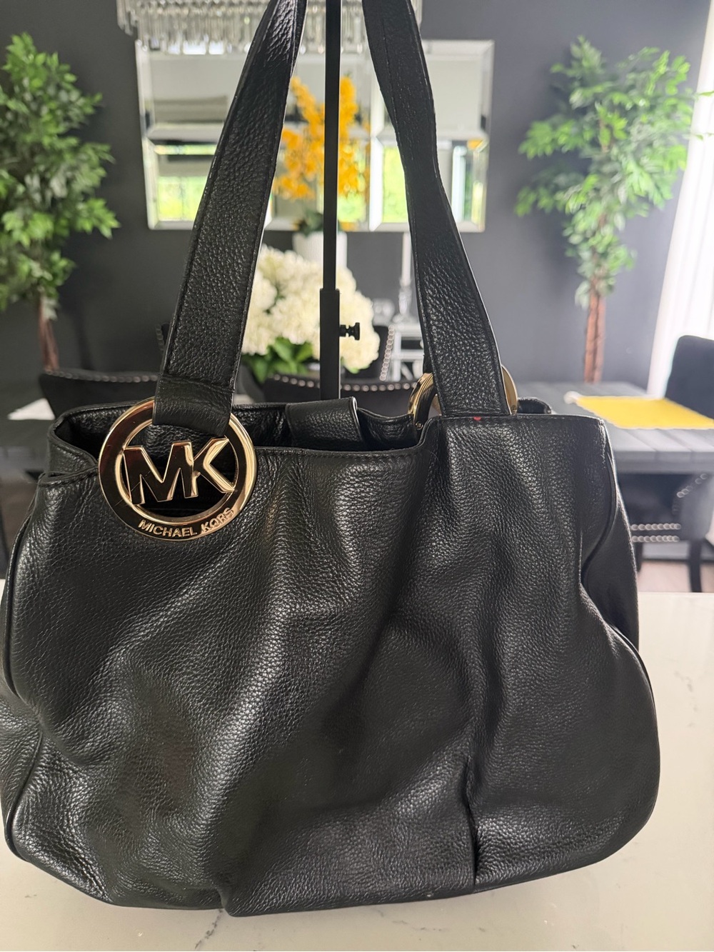 Michael Kors Black Leather Shoulder Tote with Gold MK Charm